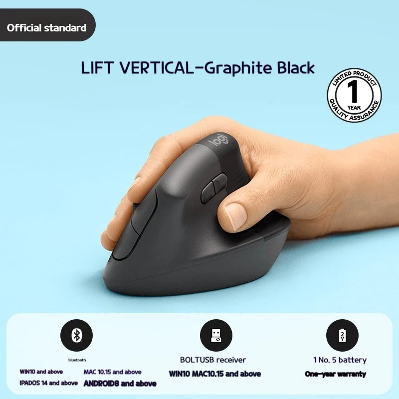 Logitech Lift Vertical Ergonomic Mouse – Wireless Bluetooth and 2.4G, 6-Button, 1000 DPI for PC and Laptop