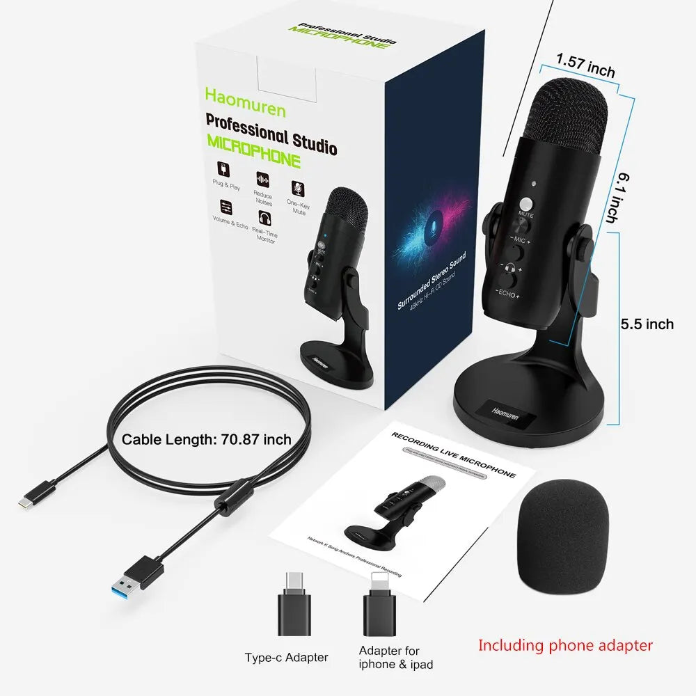 USB Microphone for PC Mac Gaming Recording Stream Podcast, Computer Condenser Mic with Phone Adapter Headphone Output